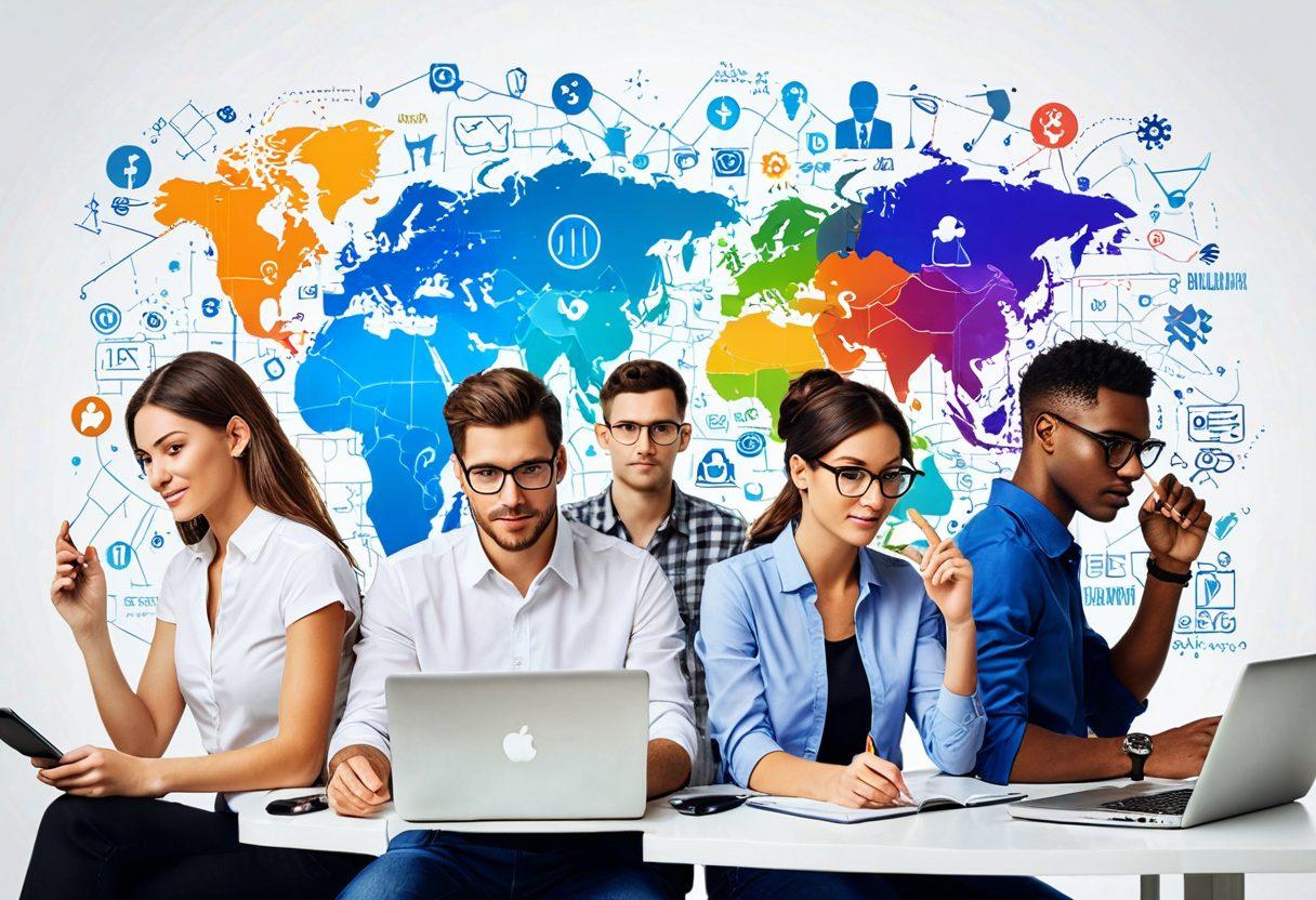 A visually striking montage showcasing a diverse group of people engaging in various online activities, including blogging, social media, and video creation, against a vibrant digital backdrop filled with social media icons and growth graphs. Include elements representing strategy, such as a map or a chessboard subtly integrated in the background. The overall feel should convey dynamism and innovation. super-realistic. vibrant colors. white background.