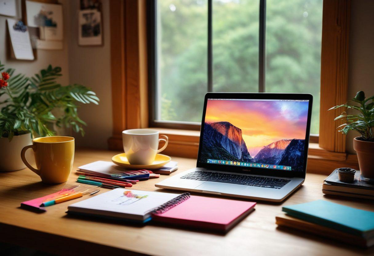A visually engaging workspace featuring a laptop with a vibrant screen displaying a blog post, surrounded by colorful notepads and pens, glowing brainstorming light bulbs overhead, and an inspiring view of nature through a window. Elements like coffee cups and artistic figurines add energy and creativity to the scene. super-realistic. vibrant colors. cozy atmosphere.